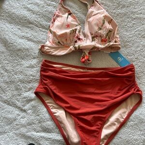 Cupshe Floral Bikini Set - Light Pink and Deep Red